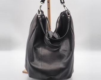 Leather Womens handbag, handmade, in black color, named Leta MADE TO ORDER