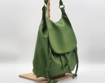 Handmade leather shoulder bag, backpack, messenger, named Daphne in bright green, MADE TO ORDER