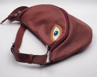 Thea sling bag in bordeaux tone leather, big fanny pack, womens waist bag, soft crossbody,made to order