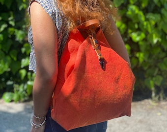 Handmade orange stonewashed canvas backpack-leather ,everyday bag,design bag,unisex ,named ARROW