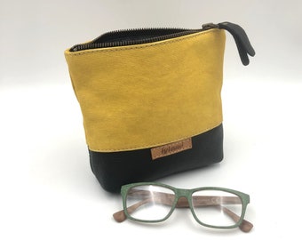 ALTO,yellow canvas-leather accessory pouch,beauty case, cosmetic case, nessecaire,made to order