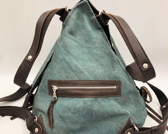 Backpack in stonewashed canvas,everyday bag,women's backpack,shoulder bag ,with leather details,NINA