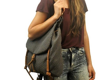Handmade shoulder bag,  backpack, in patterned  fabric with leather details,named Daphne MADE TO ORDER