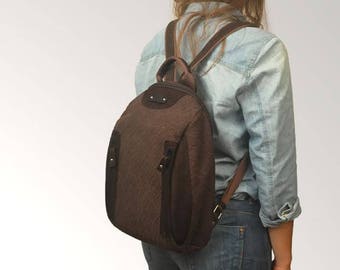 Backpack ,handmade in patterned canvas  and leather ,named NAXOS