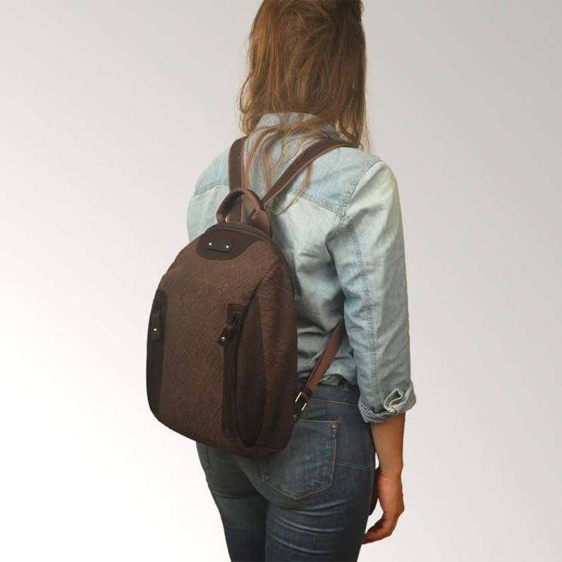 Backpack ,handmade in patterned canvas and leather ,named NAXOS image 1