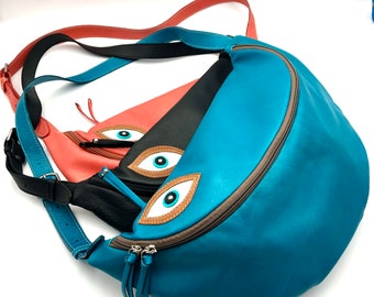 Thea sling bag in turquoise leather, big fanny pack, womens waist bag, soft crossbody,made to order