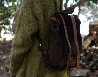 Brown leather-brown mouton backpack ,square everyday backpack,made to order,named "Valia"