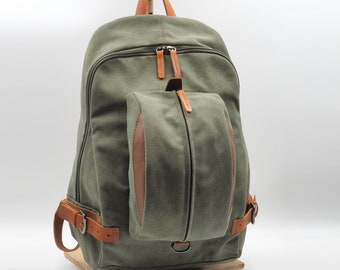 Backpack, Unisex,  for laptop up to 15" in  italian military green colored  canvas with leather details, named Michael.MADE TO ORDER