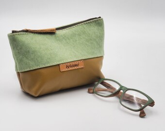 Basso, light green canvas- moustard leather accessory pouch,beauty case, cosmetic case, nessecaire,made to order