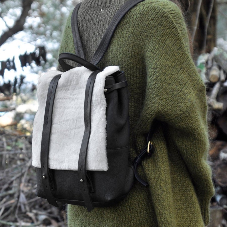 Black leather-white mouton backpack ,square everyday backpack,made to order,named Valia image 1