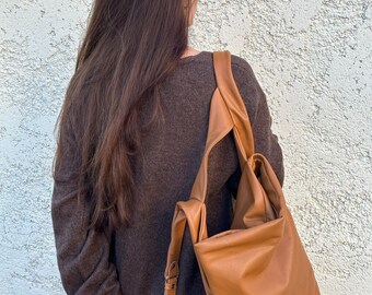 Leather backpack in tan ,slouchy bag, everyday womens bag ,named Laoura ,made to order.