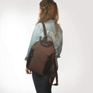 Backpack ,handmade in patterned canvas and leather ,named NAXOS image 5