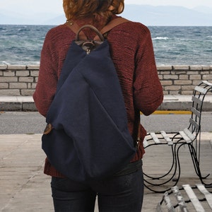 Handmade backpack made in cotton navy blue canvas with brown leather accents ,Named Kalliope MADE TO ORDER