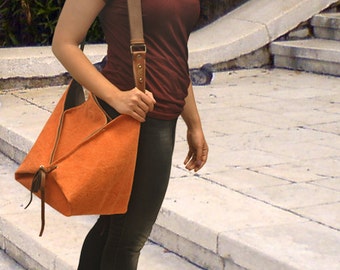 Hobo, across body bag in stonewashed canvas with leather details,Harlequin inOrange MADE TO ORDER