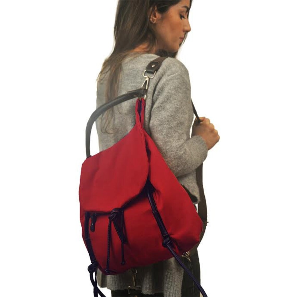 Handmade Shoulder Bag Backpack Red Canvas With Brown Leather Etsy