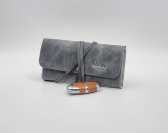 Rolling cigarettes pouche , TOBACCO CASE "CORD"handmade, in pull up grey-blue leather