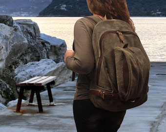 Backpack, Unisex,  for laptop up to 15" in  italian stonewashed brown-grey colored  canvas with leather details, named Michael.MADE TO ORDER
