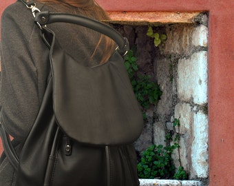 Handmade leather backpack, shoulder bag,   named Daphne in Matte Black MADE TO ORDER