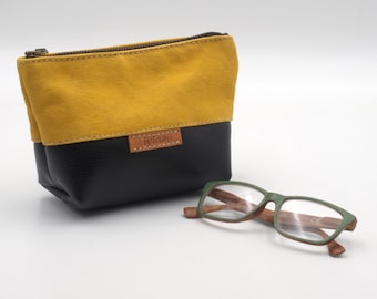 Basso, yellow canvas- black leather accessory pouch,beauty case, cosmetic case, nessecaire,made to order