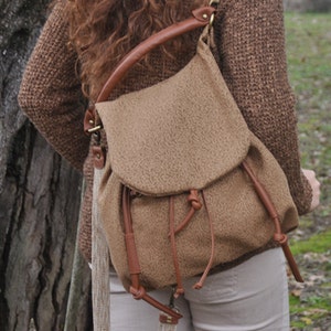 Handmade backpack in patterned heavy cotton with leather details,named Daphne MADE TO ORDER image 2