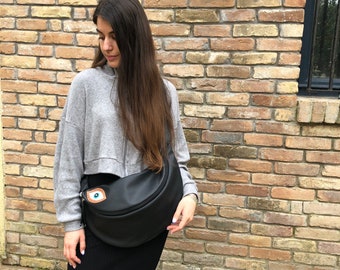 Thea sling bag in soft black leather, big fanny pack, womens waist bag, soft crossbody,made to order