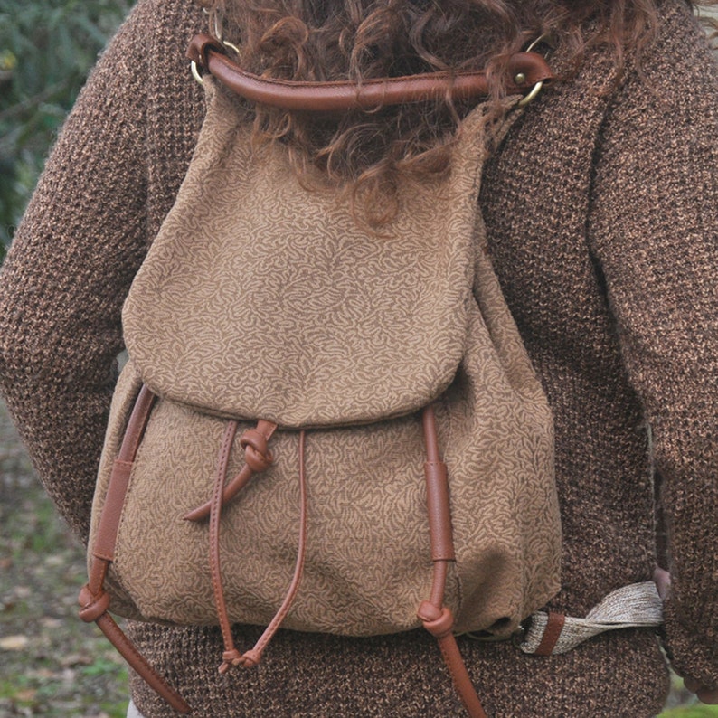 Handmade backpack in patterned heavy cotton with leather details,named Daphne MADE TO ORDER image 1
