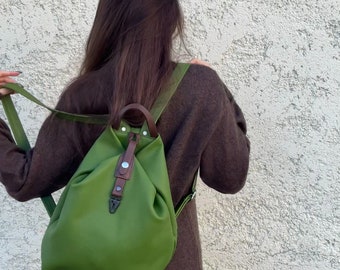 Handmade green leather backpack,everyday bag,named ARROW JUNIOR ,made to order