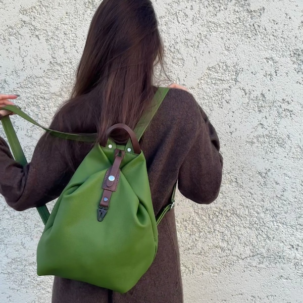 Handmade green leather backpack,everyday bag,named ARROW JUNIOR ,made to order