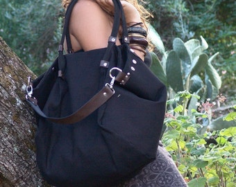 Stonewashed italian canvas-leather bag,Julia in black color.MADE TO ORDER