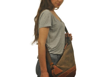 Handmade  Canvas crossbody Sling bag in light brown with leather details, named Korina MADE TO ORDER