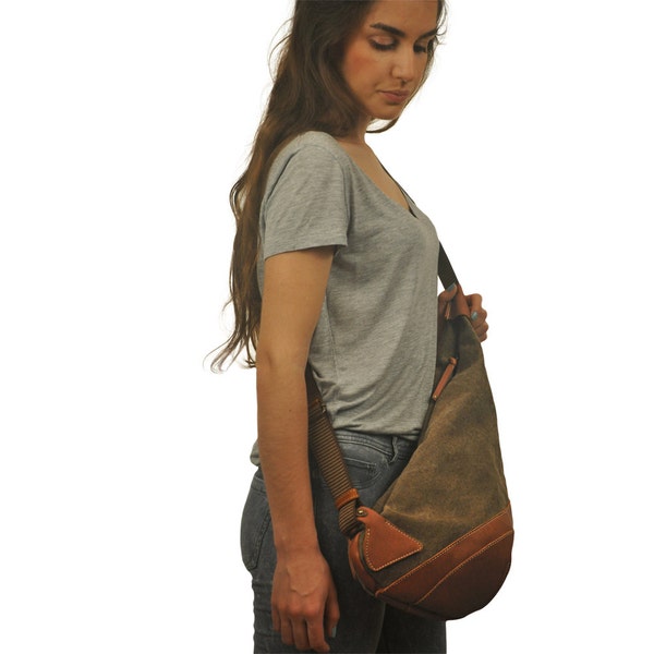 Handmade  Canvas crossbody Sling bag in light brown with leather details, named Korina MADE TO ORDER