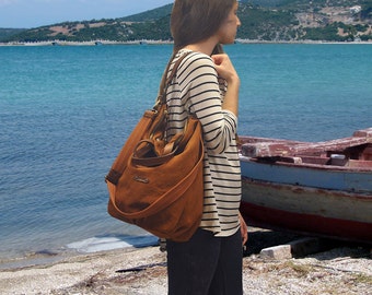 Stonewashed Canvas Bag ,shoulder bag ,Messenger, Handbag, in Copper brown color with leather details , named Leta MADE TO ORDER