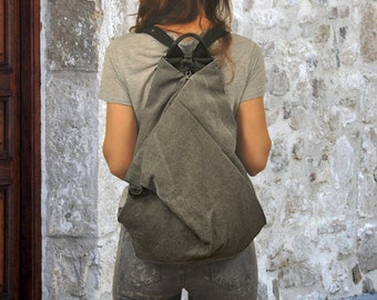 Handmade Canvas backpack made in  stonewashed grey- black leather ,named Kalliope MADE TO ORDER