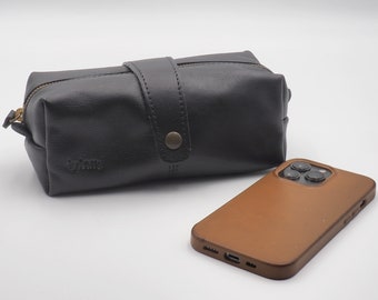 Black leather beauty case, cosmetic case, nessecaire named Sissi, made to order