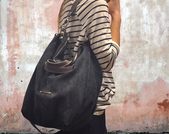 Handmade Canvas Bag ,shoulder bag ,Messenger, Handbag with leather details, in blue-grey color, named Leta MADE TO ORDER