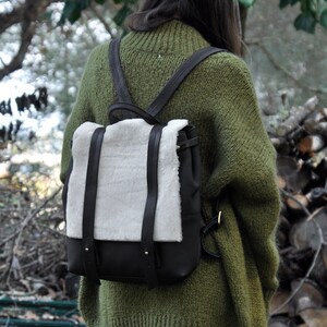 Black leather-white mouton backpack ,square everyday backpack,made to order,named Valia image 2