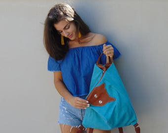 Handmade canvas -leather backpack,MINOUCHE in turquoise