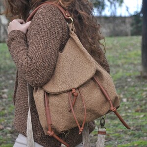 Handmade backpack in patterned heavy cotton with leather details,named Daphne MADE TO ORDER image 3