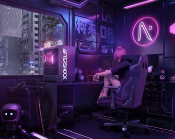 Puede incluir: Una habitación de juegos futurista con iluminación púrpura neón. Una persona está sentada en un escritorio con una computadora, altavoces y una silla de juego. La carcasa de la computadora tiene la palabra "AFTERSHOCK". Un robot y un paisaje urbano son visibles.