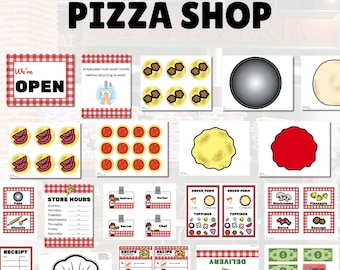 Op de afbeelding: Een verzameling printbare materialen voor rollenspellen voor een pizzeria. Inclusief borden met "Pizza Shop" en "Delivery", bestelformulieren, receptkaarten, speelgeld en pizzabeleg.