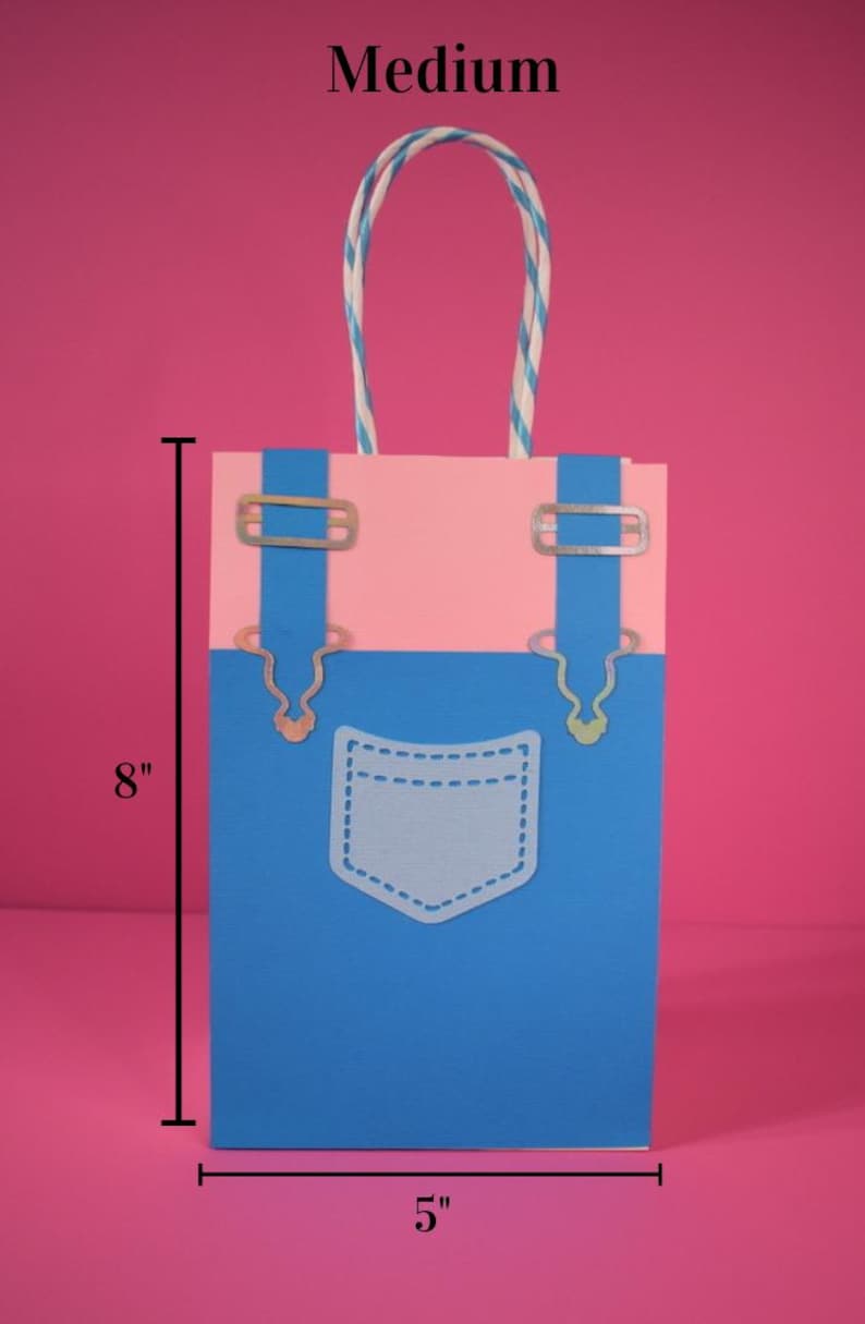 May include: A medium-sized gift bag, 8 inches tall and 5 inches wide, designed to resemble denim overalls. The bag features a blue lower section with a pocket, a pink upper section, and silver-colored hardware accents. The handle is striped.