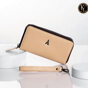 Cartera larga de piel para mujer – Cartera de mano de napa con cremallera, 12 ranuras para tarjetas y correa para la muñeca – Monedero organizador minimalista
