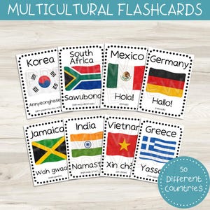 Può includere: Un set di otto flashcard rettangolari multiculturali con bordi a puntini neri. Ogni carta mostra il nome di un paese, la sua bandiera nazionale e un saluto nella lingua locale con la pronuncia fonetica. Le carte includono Corea, Sudafrica, Messico, Germania, Giamaica, India, Vietnam e Grecia.