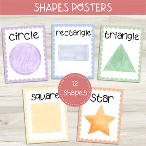 May include: Educational posters featuring watercolor shapes: circle, rectangle, triangle, square, and star. Each shape is labeled with its name in black text and framed with a scalloped border. The title "Shapes Posters" is at the top.