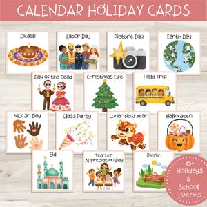 May include: A collection of holiday cards featuring various celebrations and events. The cards include Diwali, Labor Day, Picture Day, Earth Day, Day of the Dead, Christmas Eve, Field Trip, MLK Jr. Day, Class Party, Lunar New Year, Halloween, Eid, Teacher Appreciation Day, and Picnic.