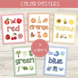 Può includere: Poster didattici a colori con illustrazioni ad acquerello. Ogni poster presenta un nome di colore e oggetti correlati: rosso, arancione, giallo, verde e blu. I poster hanno bordi smerlati e il testo "COLOR POSTERS" in alto.