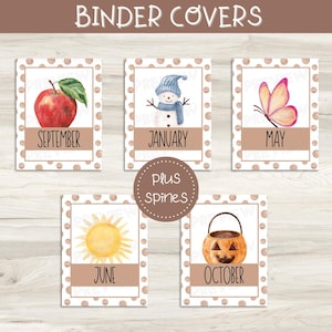 May include: Five rectangular binder covers with a brown polka dot border and white background. Each features a watercolor illustration and month name: September with an apple, January with a snowman, May with a butterfly, June with a sun, and October with a jack-o'-lantern. A brown circular badge reads plus spines.
