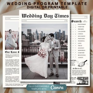 Op de afbeelding: Een trouwprogramma-sjabloon getiteld Wedding Day Times met een zwart-witfoto van een koppel in formele kleding, een woordzoeker en tekstsecties. De lay-out bevat een koptekst, tekstkolommen en een Canva-logo.