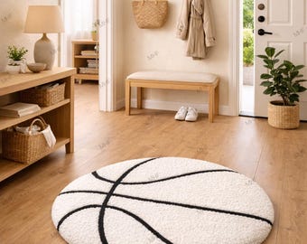 Hand Tufted Wool Round Rug – Abstract Black & White Plush Carpet.
