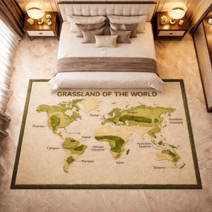 May include: A beige rug featuring a green world map design, labelled "GRASSLAND OF THE WORLD." The map highlights various grassland regions. The rug is rectangular with a green border, placed under a bed with beige bedding.